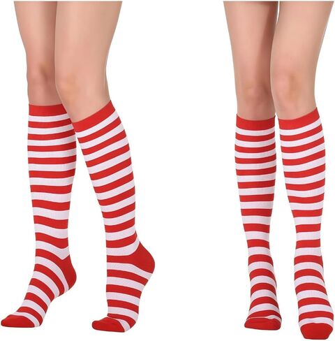 Red and White Striped Knee High Socks for Women for Christmas Party, 2-Pack, Elastic Thigh High Stockings, Long Leg Warmers in Saudi Arabia