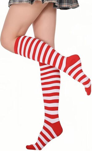 Red and White Striped Knee High Socks for Women for Christmas Party, 2-Pack, Elastic Thigh High Stockings, Long Leg Warmers in Saudi Arabia