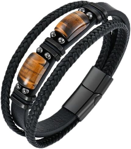 VA JENT Mens Leather Bracelet Natural Tiger Eye Protection Multilayer Braided Wristband Bangle Gifts for Him in Kuwait