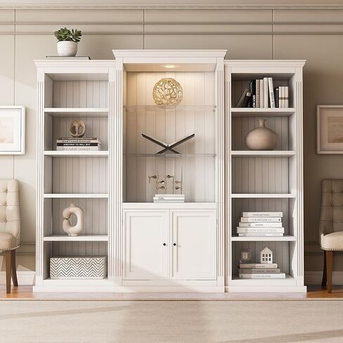 خزانة كتب بطول 78.75 بوصة - خزانة عرض على الطراز القديم مع ضوء سقف LED قابل للتعديل بـ 5 ألوان وأرفف من الزجاج المقسى - وحدة رفوف بيضاء حديثة لغرفة المعيشة والمكتب والاستوديو in Kuwait