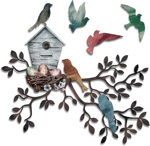 Tatuo Metal Bird جدار الفن الطيور على فرع جدار ديكور شجرة معدنية معلقة مع Birdhouse لغرفة المعيشة شجرة أوراق ديكور للداخلية في الهواء الطلق حديقة غرفة نوم مكتب المنزل حفلة هووسورمينغ in Saudi Arabia