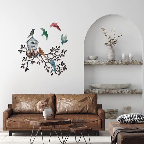 Tatuo Metal Bird جدار الفن الطيور على فرع جدار ديكور شجرة معدنية معلقة مع Birdhouse لغرفة المعيشة شجرة أوراق ديكور للداخلية في الهواء الطلق حديقة غرفة نوم مكتب المنزل حفلة هووسورمينغ in Saudi Arabia