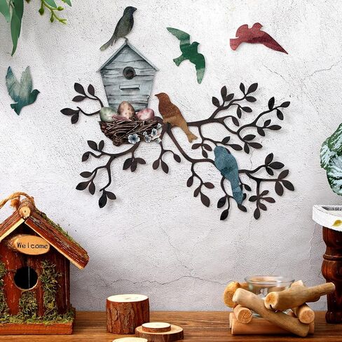 Tatuo Metal Bird جدار الفن الطيور على فرع جدار ديكور شجرة معدنية معلقة مع Birdhouse لغرفة المعيشة شجرة أوراق ديكور للداخلية في الهواء الطلق حديقة غرفة نوم مكتب المنزل حفلة هووسورمينغ in Saudi Arabia