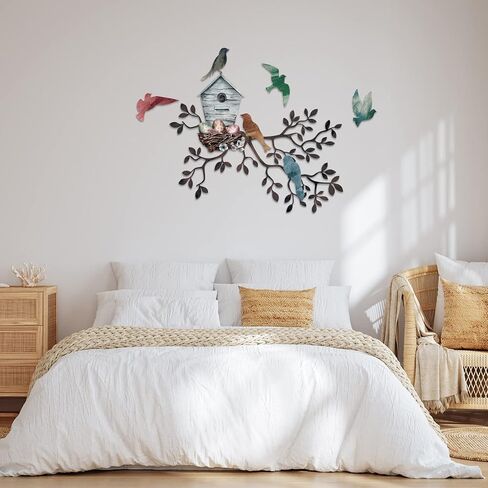 Tatuo Metal Bird جدار الفن الطيور على فرع جدار ديكور شجرة معدنية معلقة مع Birdhouse لغرفة المعيشة شجرة أوراق ديكور للداخلية في الهواء الطلق حديقة غرفة نوم مكتب المنزل حفلة هووسورمينغ in Saudi Arabia