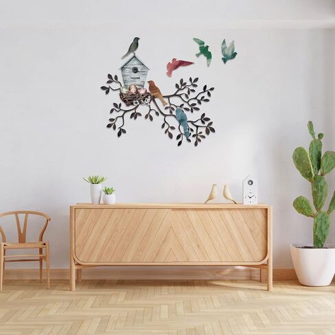 Tatuo Metal Bird جدار الفن الطيور على فرع جدار ديكور شجرة معدنية معلقة مع Birdhouse لغرفة المعيشة شجرة أوراق ديكور للداخلية في الهواء الطلق حديقة غرفة نوم مكتب المنزل حفلة هووسورمينغ in Saudi Arabia