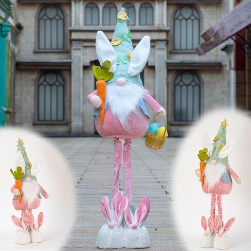 ديكور قطيفة على شكل أرنب عيد الفصح من unanscre - مقاس 66.34 سم - 91.44 سم، جنوم أرنب كبير مع أرجل زنبركية قابلة للسحب مصنوعة يدويًا، تحمل سلة بيض عيد الفصح ودمية قزم الجزر لزينة عيد الفصح ديكور المنزل in Kuwait