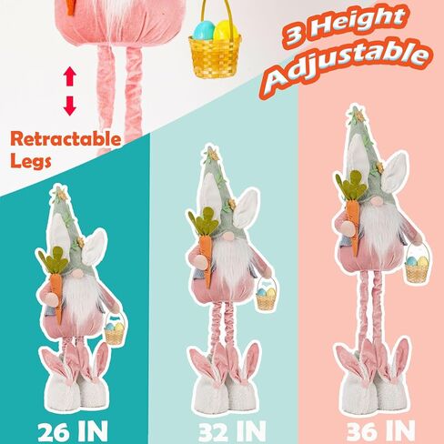 ديكور قطيفة على شكل أرنب عيد الفصح من unanscre - مقاس 66.34 سم - 91.44 سم، جنوم أرنب كبير مع أرجل زنبركية قابلة للسحب مصنوعة يدويًا، تحمل سلة بيض عيد الفصح ودمية قزم الجزر لزينة عيد الفصح ديكور المنزل in Kuwait