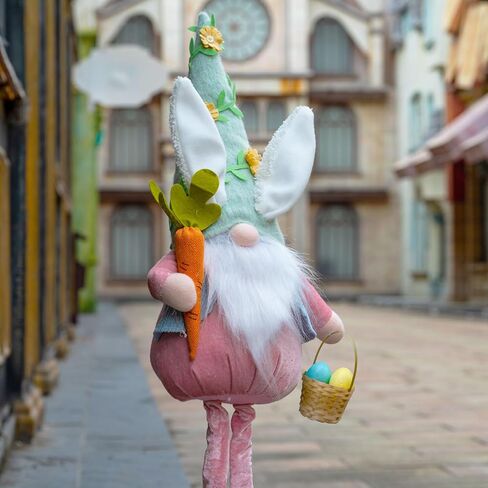 ديكور قطيفة على شكل أرنب عيد الفصح من unanscre - مقاس 66.34 سم - 91.44 سم، جنوم أرنب كبير مع أرجل زنبركية قابلة للسحب مصنوعة يدويًا، تحمل سلة بيض عيد الفصح ودمية قزم الجزر لزينة عيد الفصح ديكور المنزل in Kuwait