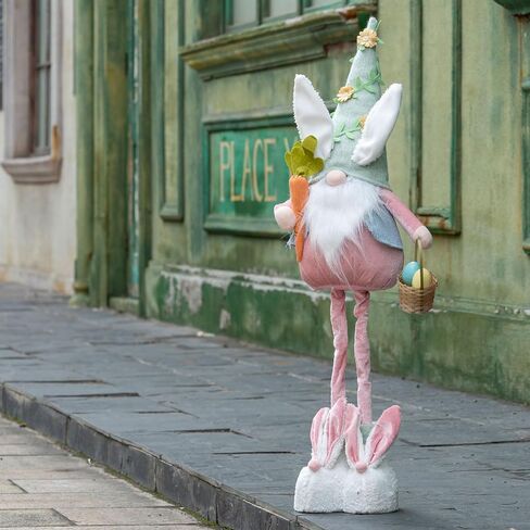 ديكور قطيفة على شكل أرنب عيد الفصح من unanscre - مقاس 66.34 سم - 91.44 سم، جنوم أرنب كبير مع أرجل زنبركية قابلة للسحب مصنوعة يدويًا، تحمل سلة بيض عيد الفصح ودمية قزم الجزر لزينة عيد الفصح ديكور المنزل in Kuwait