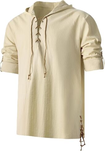 Renaissance Costume Men Pirate Viking Hooded Shirt Medieval Tunic Renaissance Ren Faire Outfit Pirate Top in Saudi Arabia
