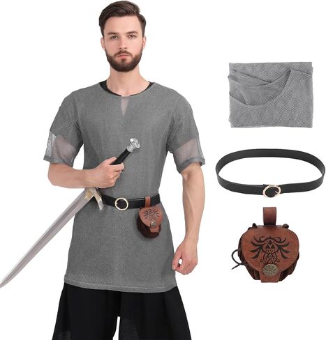 Medieval Faux Chain Tunic, Men's Renaissance Shirt with Belt and Pouch LARP Cosplay Costume Set in Kuwait