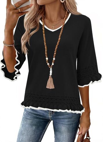 LOMON Women's Sweaters 3/4 Sleeve Business Casual Sweater V Neck Boho Tops Cute Crop Knit Peplum Pullover Spring Outfits in Kuwait