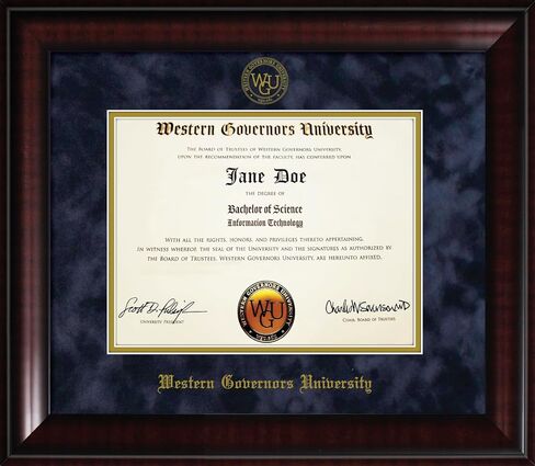 Western Governors University Diploma Frame - Mahogany Furniture Finish Frame with Navy Blue Suede Mat and Gold Embossed WGU Seal in Kuwait