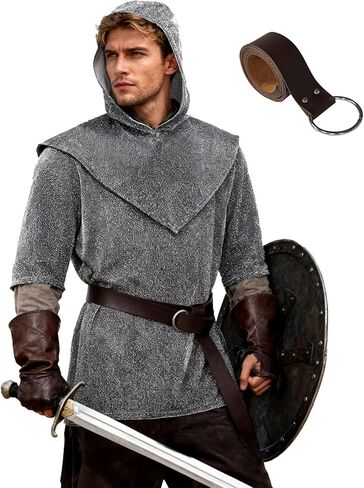 UQJE Mens Renaissance Imitative Chain Mail Shirt with Coif Medieval Knight Armor Costume Halloween Outfit in Saudi Arabia