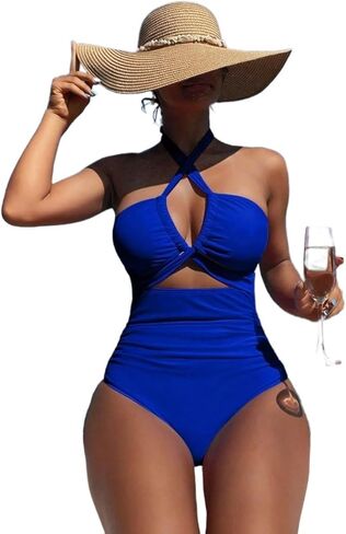 Womens Halter Neck Backless Monokini Swimsuit - Summer Beach One-Piece Bikini Solid Blue Color High Stretch Fabric in Saudi Arabia