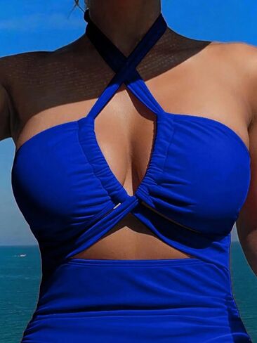 Womens Halter Neck Backless Monokini Swimsuit - Summer Beach One-Piece Bikini Solid Blue Color High Stretch Fabric in Saudi Arabia