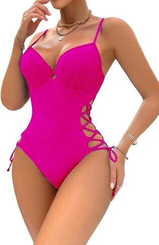 Women's Hot Pink Spaghetti Strap Cutout Monokini Swimsuit - Sexy Criss-Cross One-Piece for Beach and Vacation in Saudi Arabia