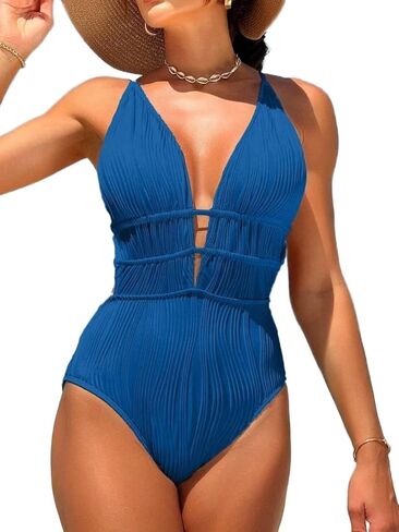 Womens Backless Cutout Sexy Monokini Swimsuit - Solid Color Cross Strap One Piece Swimwear for Summer Beach Vacation in Saudi Arabia