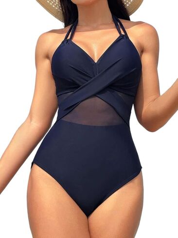 Womens Halter Neck Backless Colorblock One Piece Swimsuit - Casual Monokini for Summer Beach & Vacation in Saudi Arabia