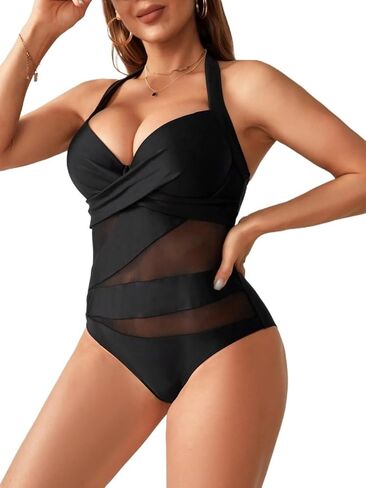 Women's Backless Halter One-Piece Swimsuit - Push Up Monokini with Mesh Splice for Summer Beach Vacation in Saudi Arabia