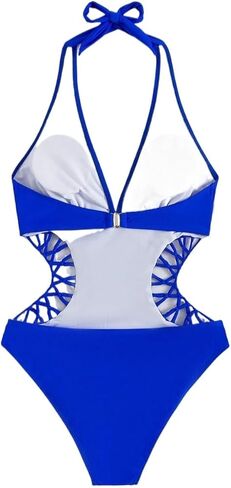 Women's Halter Neck Cutout Monokini Swimsuit - Elegant Solid Color One-Piece Swimwear for Beach & Vacation in Saudi Arabia