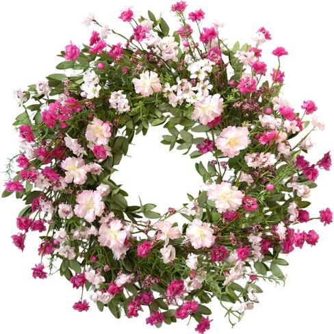 TEMPUS 24 Inch Spring Bloom Wreath for Front Door - Artificial Floral Spring Wreath with Pink Cosmos,Wildflowers,& Cherry Blossom for Farmhouse Indoor/Outdoor Porch Decor in Saudi Arabia