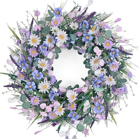 Waipfaru Spring Wreaths for Front Door, 22 Inchs Spring Daisy Wreath Summer Wreath with Floral Lanvender for Indoor Outdoor Wall Porch Window Decor and Festival Celebration in Saudi Arabia