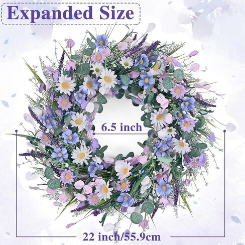 Waipfaru Spring Wreaths for Front Door, 22 Inchs Spring Daisy Wreath Summer Wreath with Floral Lanvender for Indoor Outdoor Wall Porch Window Decor and Festival Celebration in Saudi Arabia