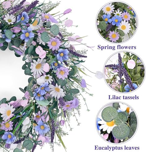 Waipfaru Spring Wreaths for Front Door, 22 Inchs Spring Daisy Wreath Summer Wreath with Floral Lanvender for Indoor Outdoor Wall Porch Window Decor and Festival Celebration in Saudi Arabia