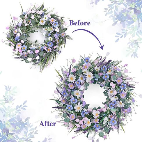 Waipfaru Spring Wreaths for Front Door, 22 Inchs Spring Daisy Wreath Summer Wreath with Floral Lanvender for Indoor Outdoor Wall Porch Window Decor and Festival Celebration in Saudi Arabia