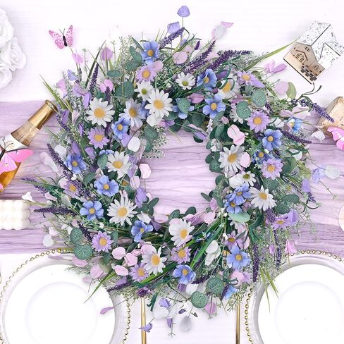 Waipfaru Spring Wreaths for Front Door, 22 Inchs Spring Daisy Wreath Summer Wreath with Floral Lanvender for Indoor Outdoor Wall Porch Window Decor and Festival Celebration in Saudi Arabia