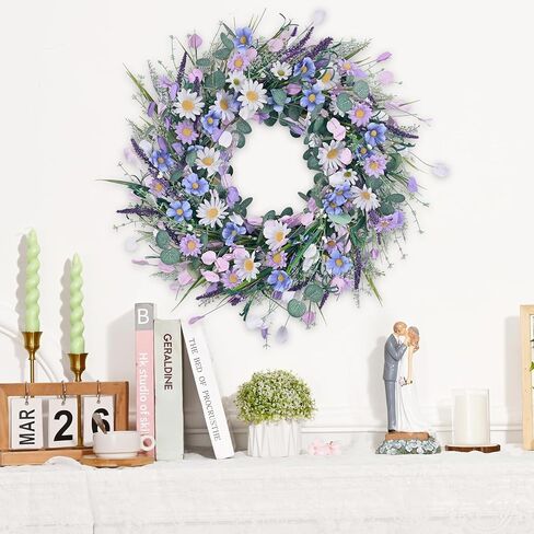 Waipfaru Spring Wreaths for Front Door, 22 Inchs Spring Daisy Wreath Summer Wreath with Floral Lanvender for Indoor Outdoor Wall Porch Window Decor and Festival Celebration in Saudi Arabia