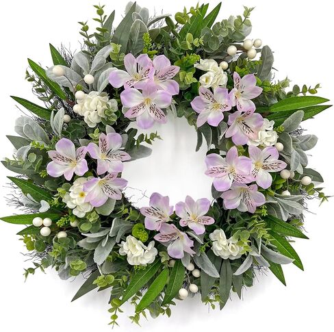 24 Inch Spring Wreaths for Front Door – Artificial Eucalyptus Lamb Ear Leaf Wreath with White & Purple Flowers, Farmhouse Greenery Elegant Floral Wreath for Home Wall Decor, Durable Indoor Outdoor Use in Saudi Arabia