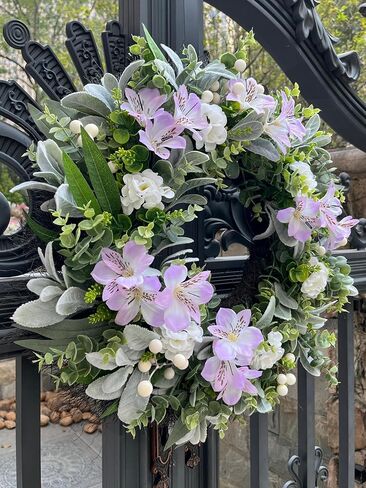 24 Inch Spring Wreaths for Front Door – Artificial Eucalyptus Lamb Ear Leaf Wreath with White & Purple Flowers, Farmhouse Greenery Elegant Floral Wreath for Home Wall Decor, Durable Indoor Outdoor Use in Saudi Arabia