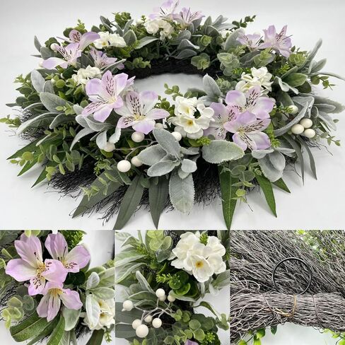 24 Inch Spring Wreaths for Front Door – Artificial Eucalyptus Lamb Ear Leaf Wreath with White & Purple Flowers, Farmhouse Greenery Elegant Floral Wreath for Home Wall Decor, Durable Indoor Outdoor Use in Saudi Arabia