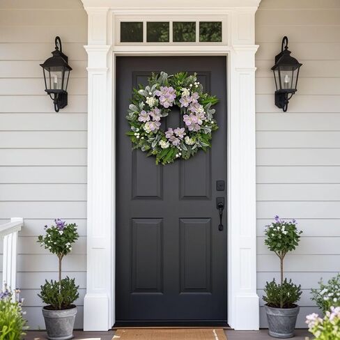 24 Inch Spring Wreaths for Front Door – Artificial Eucalyptus Lamb Ear Leaf Wreath with White & Purple Flowers, Farmhouse Greenery Elegant Floral Wreath for Home Wall Decor, Durable Indoor Outdoor Use in Saudi Arabia