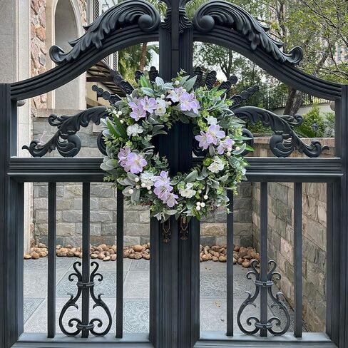 24 Inch Spring Wreaths for Front Door – Artificial Eucalyptus Lamb Ear Leaf Wreath with White & Purple Flowers, Farmhouse Greenery Elegant Floral Wreath for Home Wall Decor, Durable Indoor Outdoor Use in Saudi Arabia