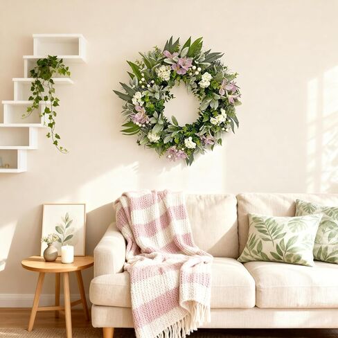 24 Inch Spring Wreaths for Front Door – Artificial Eucalyptus Lamb Ear Leaf Wreath with White & Purple Flowers, Farmhouse Greenery Elegant Floral Wreath for Home Wall Decor, Durable Indoor Outdoor Use in Saudi Arabia