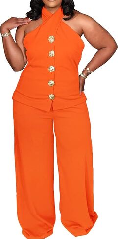 Womens Plus Size Two Piece Outfits Summer Button Halter Neck Vest Tank Tops Wide Leg Pants Suit Matching Sets in Saudi Arabia