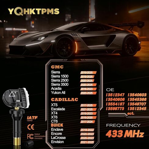 مستشعر ضغط الإطارات TPMS GM مبرمج مسبقًا 433 ميجا هرتز متوافق مع GMC Sierra(19-25)|Acadia(16-23)|Yukon(20-25)/Cadillac Escalade(21-25)|XT5(17-25)|XT4(19-23)/OE:13598773 (مجموعة من 4) in Kuwait