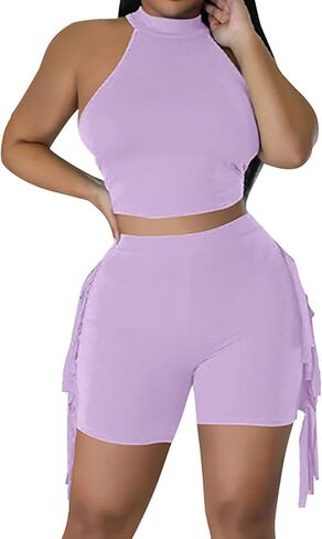 طقم مكون من قطعتين للسيدات، طقم تدريبات صيفية، شورت قصير بأهداب، ملابس اليوغا، ملابس الشاطئ، ملابس رياضية in Kuwait