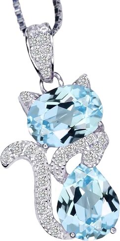 Aquamarine Necklace Sterling Silver Cat 1.5 Ct Kitty Sim Diamond Blue Pendant White Gold Plated March Birthstone Pet Lover Jewelry in Kuwait