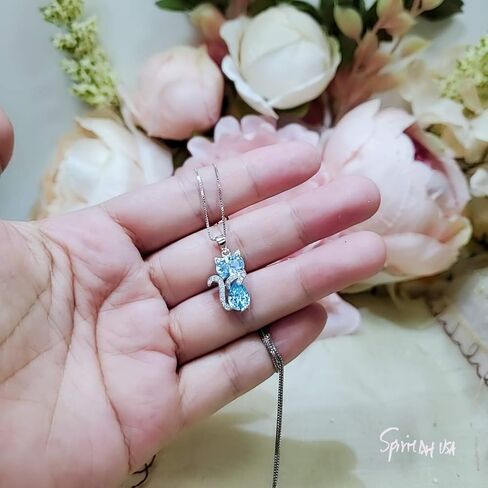 Aquamarine Necklace Sterling Silver Cat 1.5 Ct Kitty Sim Diamond Blue Pendant White Gold Plated March Birthstone Pet Lover Jewelry in Kuwait