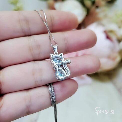 Aquamarine Necklace Sterling Silver Cat 1.5 Ct Kitty Sim Diamond Blue Pendant White Gold Plated March Birthstone Pet Lover Jewelry in Kuwait