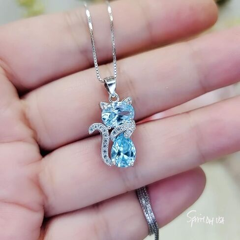 Aquamarine Necklace Sterling Silver Cat 1.5 Ct Kitty Sim Diamond Blue Pendant White Gold Plated March Birthstone Pet Lover Jewelry in Kuwait