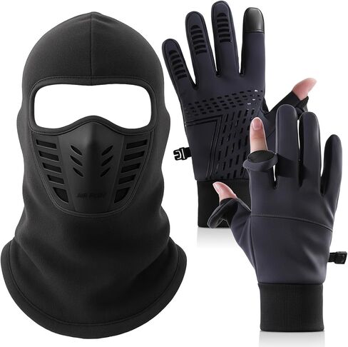 Frienda 2pcs Winter Balaclava, Face Mask Ski Gloves Set Windproof Warm Face Mask Fingerless Fishing Gloves for Men Women in Saudi Arabia