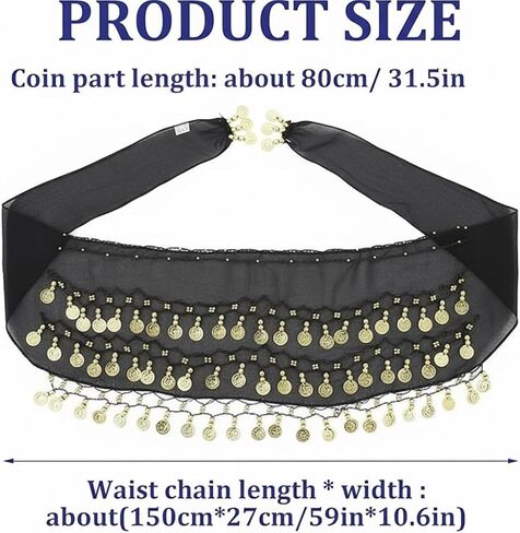 وشاح للرقص الشرقي على شكل الورك للنساء تنورة جني للرقص الراقصة وحزام للف العملات المعدنية مع ترتر (أسود) in Kuwait