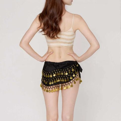 وشاح للرقص الشرقي على شكل الورك للنساء تنورة جني للرقص الراقصة وحزام للف العملات المعدنية مع ترتر (أسود) in Kuwait