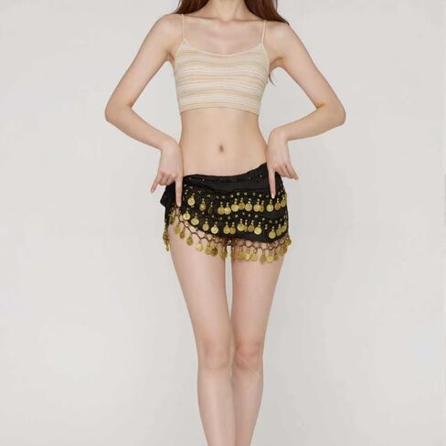 وشاح للرقص الشرقي على شكل الورك للنساء تنورة جني للرقص الراقصة وحزام للف العملات المعدنية مع ترتر (أسود) in Kuwait