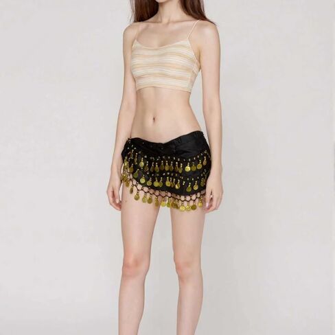 وشاح للرقص الشرقي على شكل الورك للنساء تنورة جني للرقص الراقصة وحزام للف العملات المعدنية مع ترتر (أسود) in Kuwait